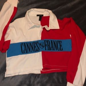 Two toned long sleeve embroidered cropped shirt